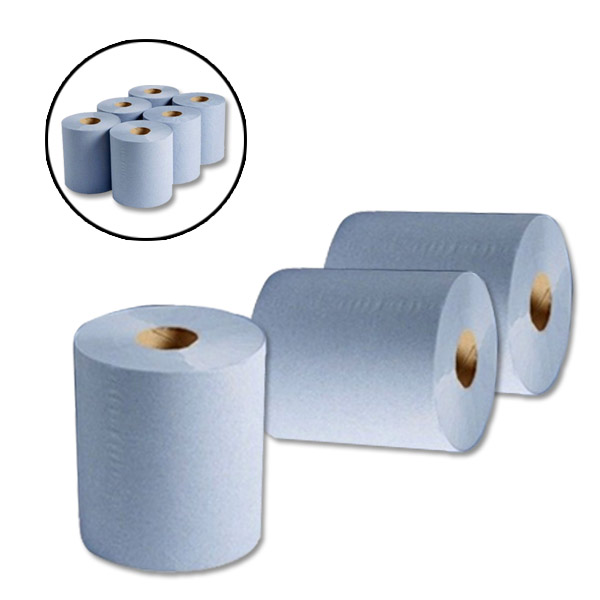 Blue Inc 6 PACK 2 PLY BLUE EMBOSSED CENTRE FEED PAPER WIPE ROLLS INC VAT 