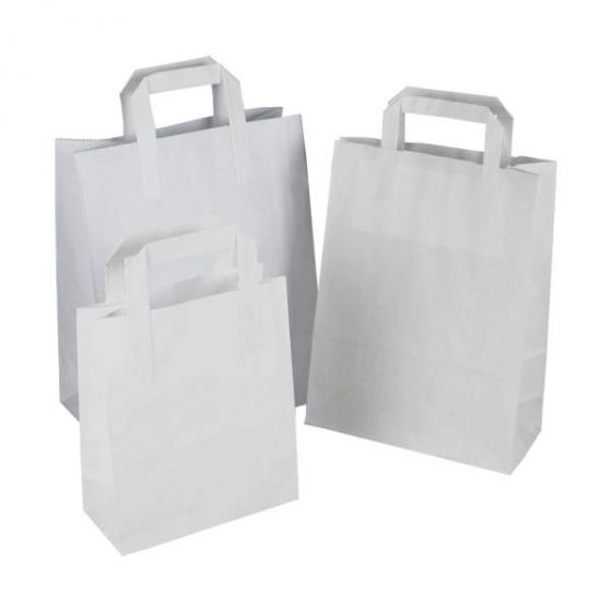 PAPER CARRIER BAGS WHITE BROWN SOS KRAFT TAKEAWAY FOOD LUNCH PARTY WITH HANDLES 
