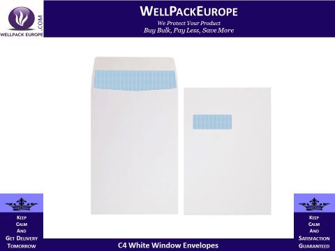 100 x C4/A4 White Window Self Seal Envelopes 324x229mm , 90gsm