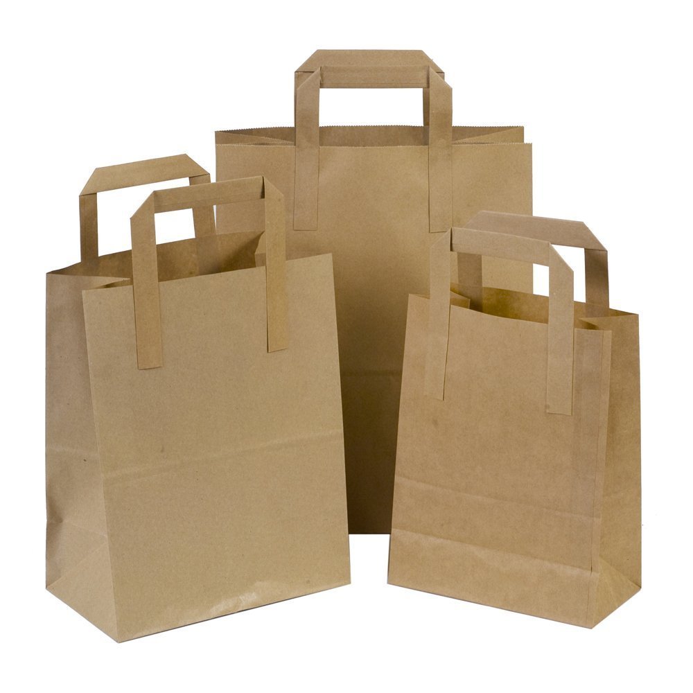 Small Kraft Brown SOS Food Carrier Paper Bags Takeaway With Handles 7"x3.5"x8.5" 